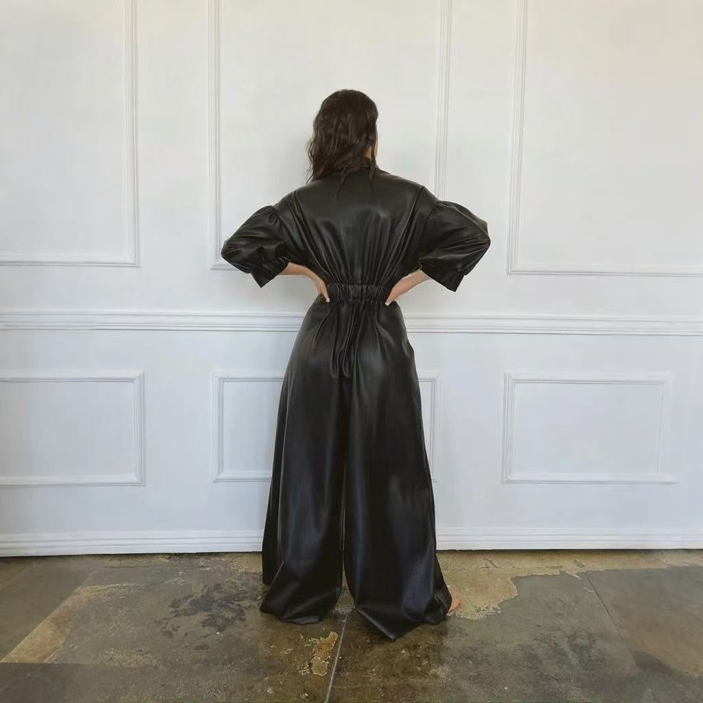 Black PU Retro Loose Leather Pocket Jumpsuit