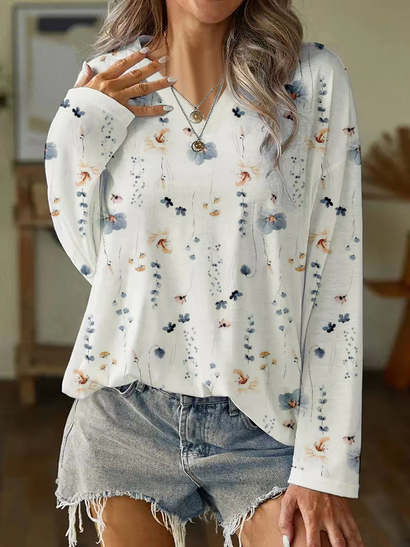 Floral Print V-Neck Long Sleeve Loose Casual Sweater