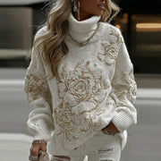 Womens Autumn High-neck Sweater Retro Print American Streetwear Brand Loose-fit Sweater