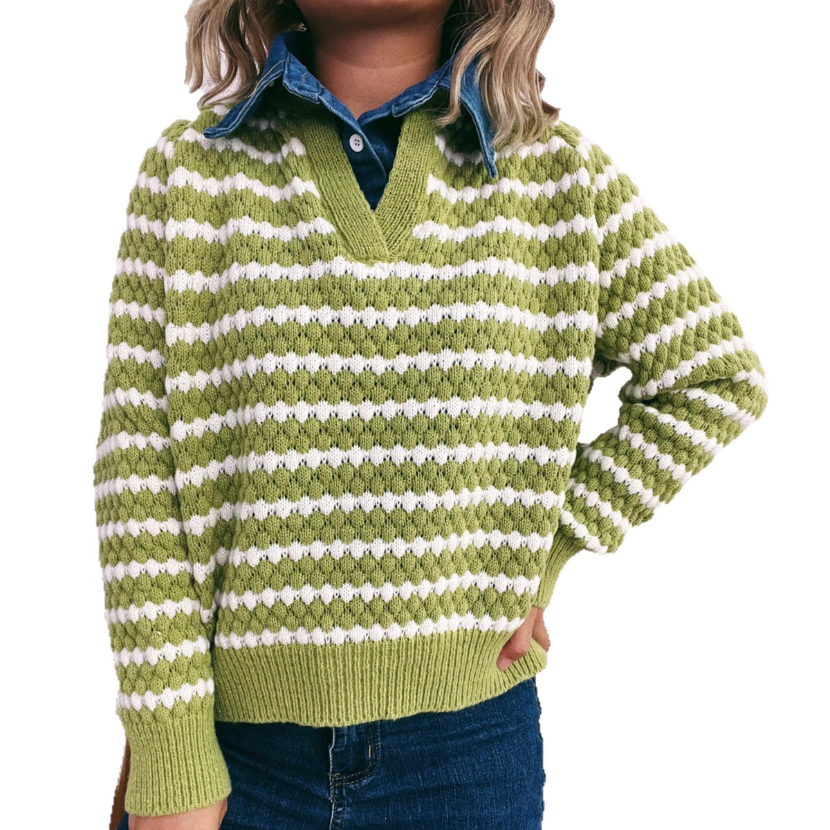 Women's Denim Patchwork Lapel Knitted Stripe Color Block Fake Two-piece Sweater