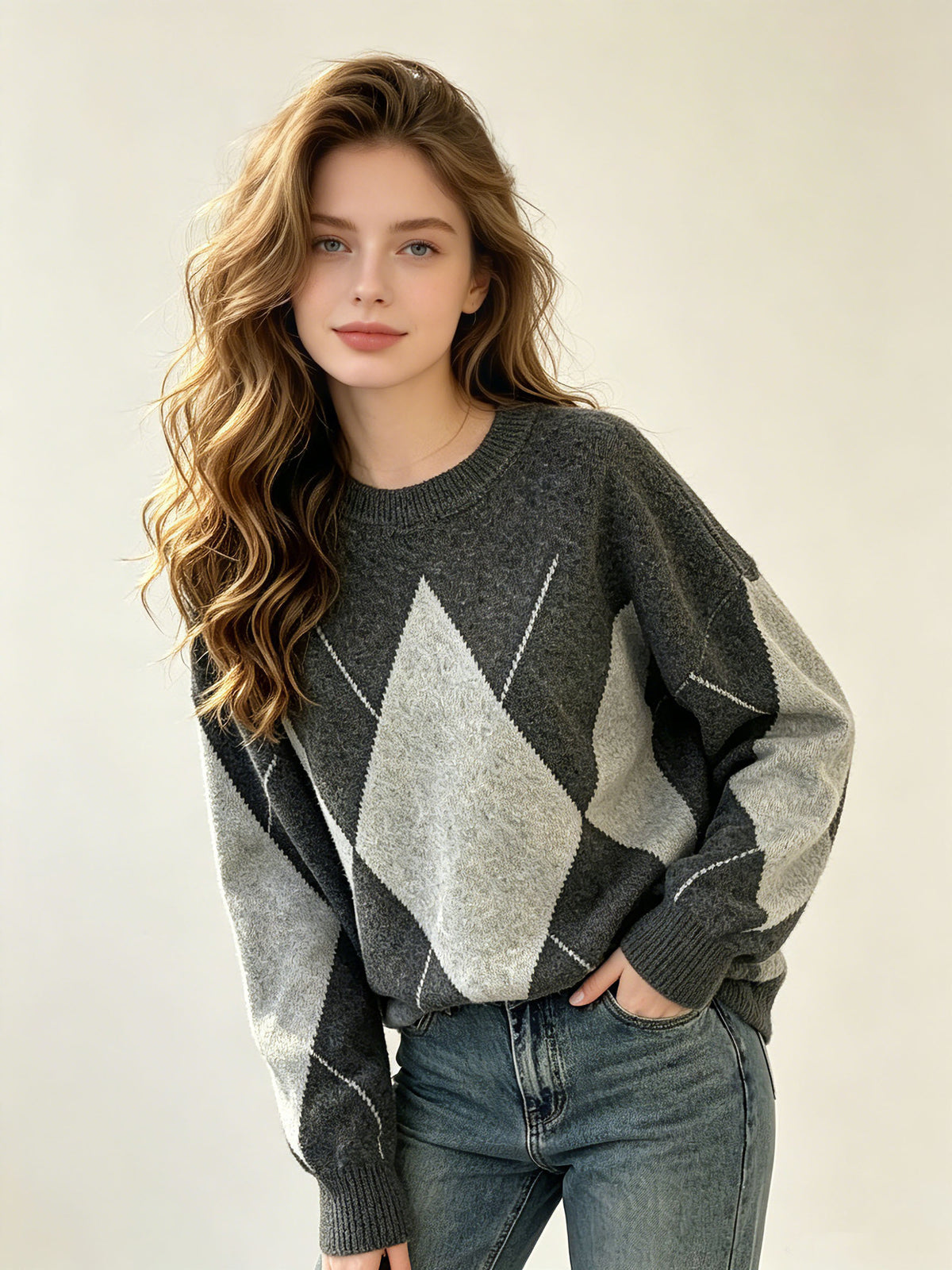 Fallwinter Color-block Diamond-pattern Jacquard Crew-neck Sweater