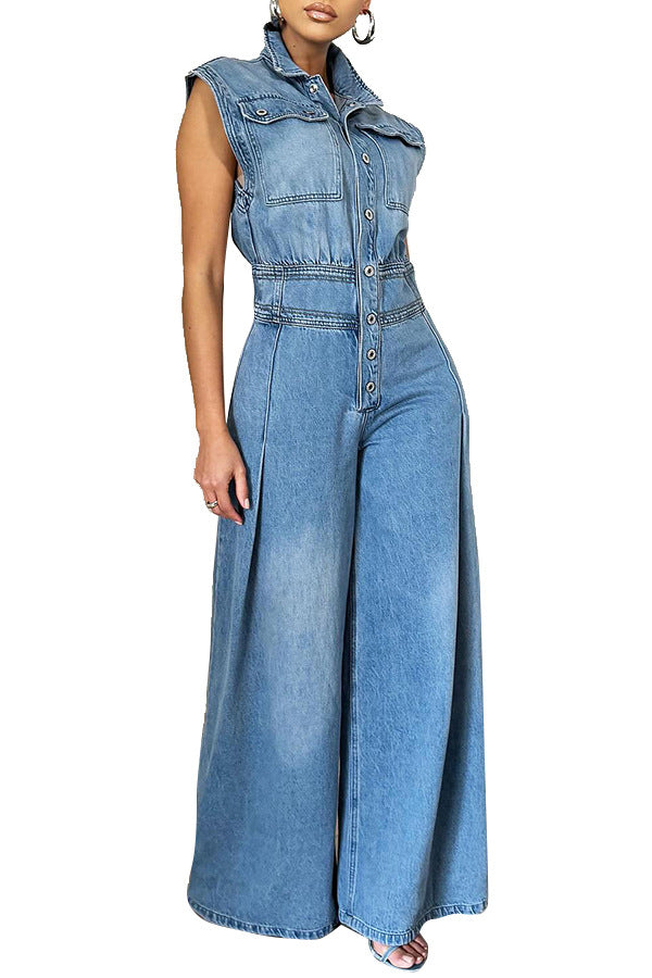 Washed Denim Sleeveless Wide-Leg Romper