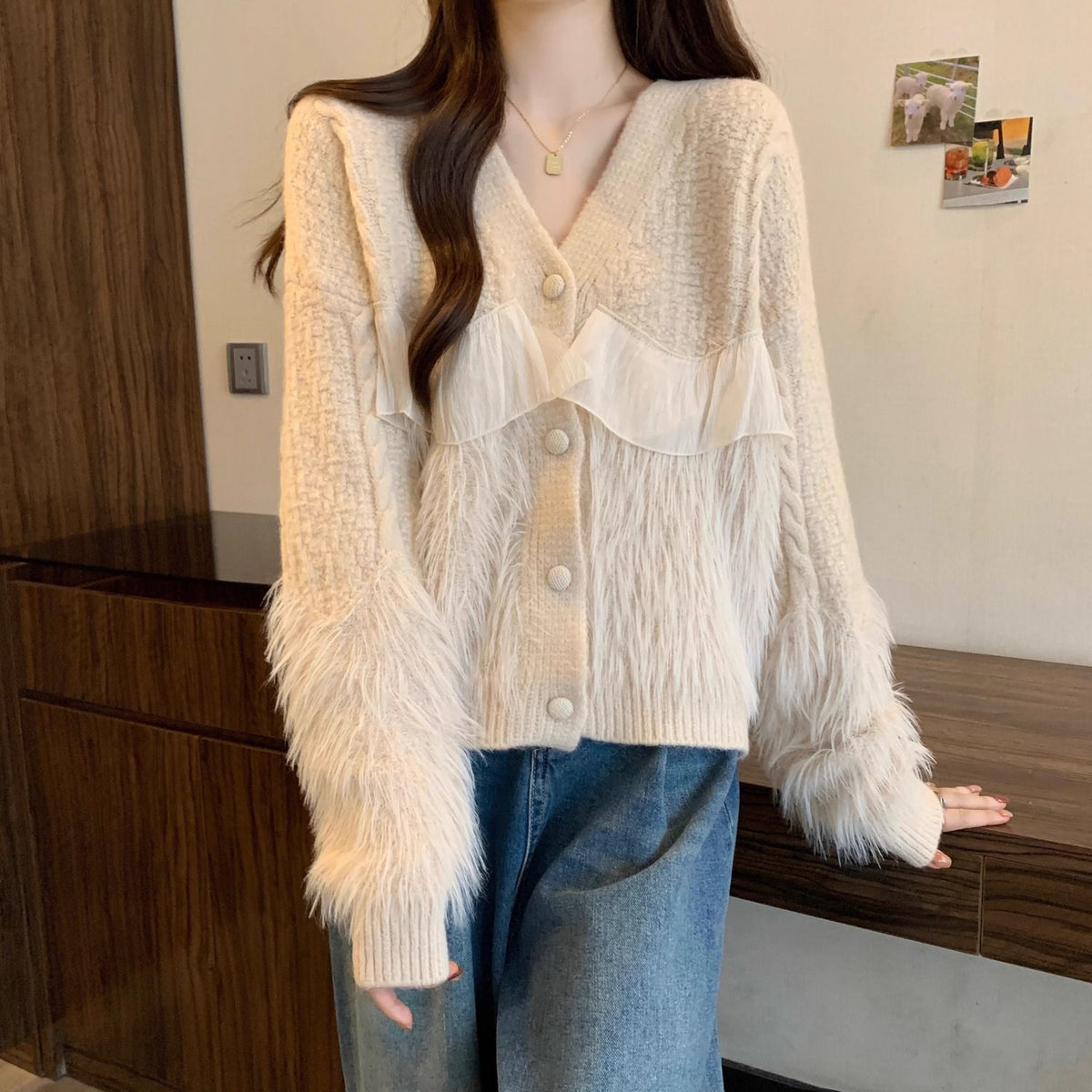 Knitted Cardigan Fringe Collar Temperament Sweater Coat