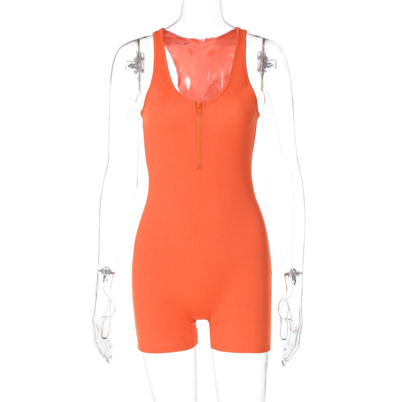 Solid Color Small Sunken Stripe Halter Low Collar Low-cut Zipper Design Tight Jumpsuit