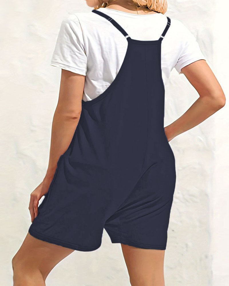 Casual Fake Two-Piece Spaghetti Strap Pocket Jumpsuit Romper