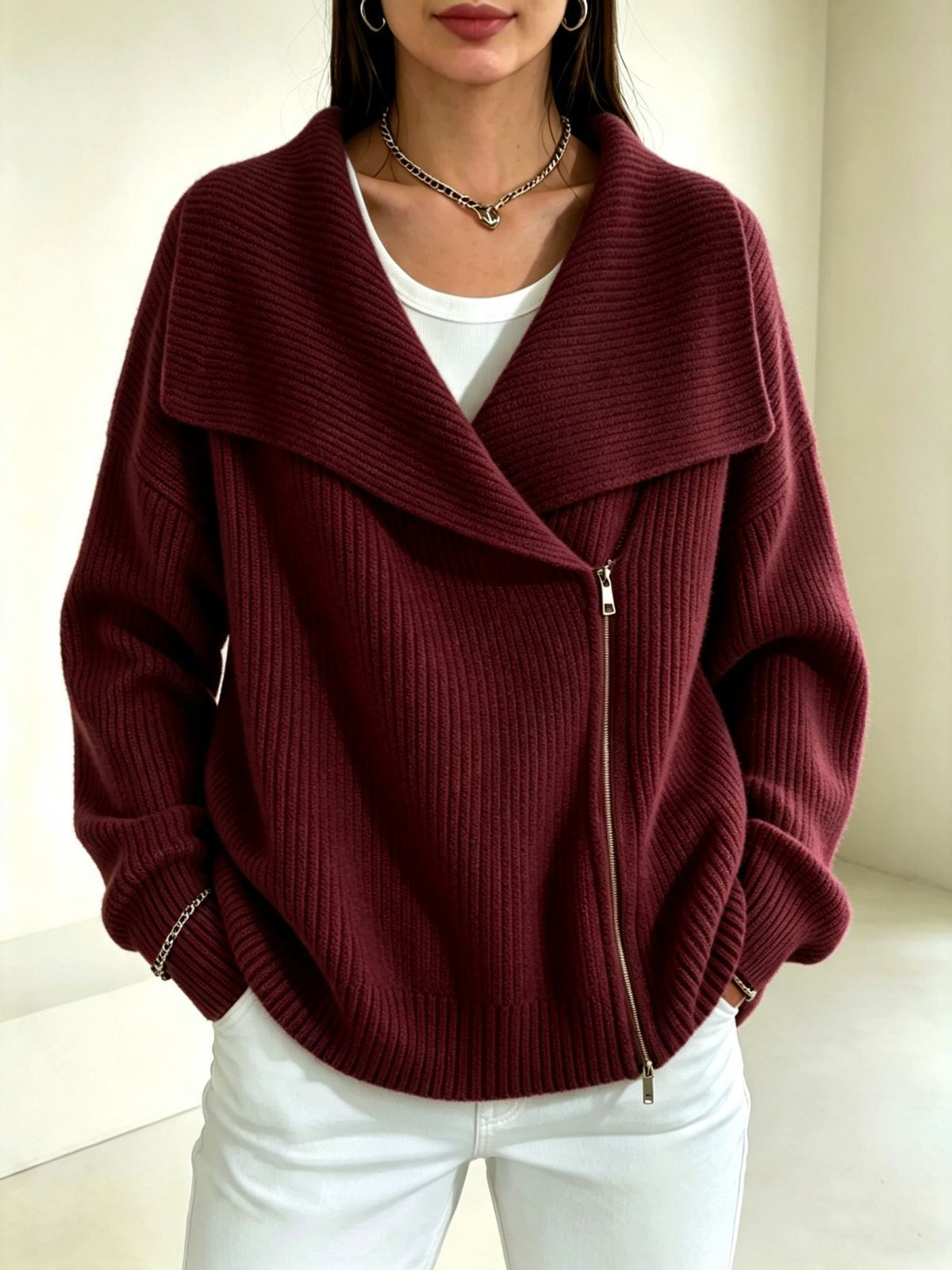 Notch-collar Double-zip Knit Cardigan Womens Top
