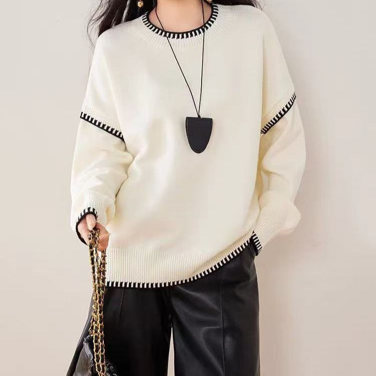 Womens Crew-neck Color-block Sweater