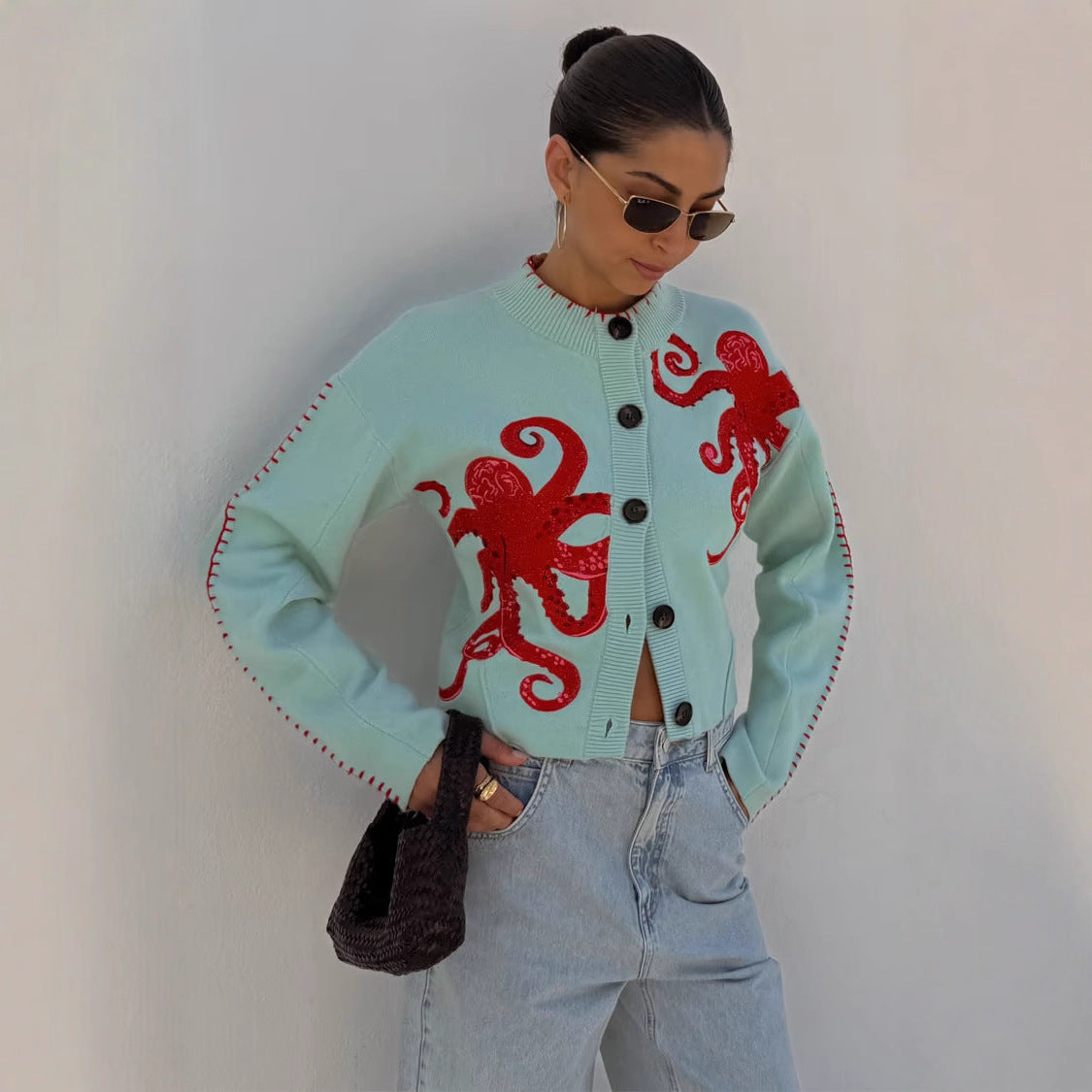 Womens Octopus-print Crew-neck Long-sleeve Knitted Cardigan