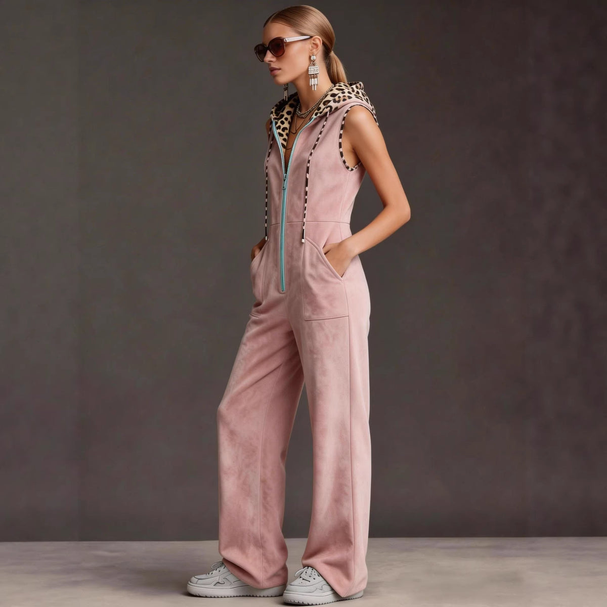 Trendy Leopard Print Hooded Women's Jumpsuit