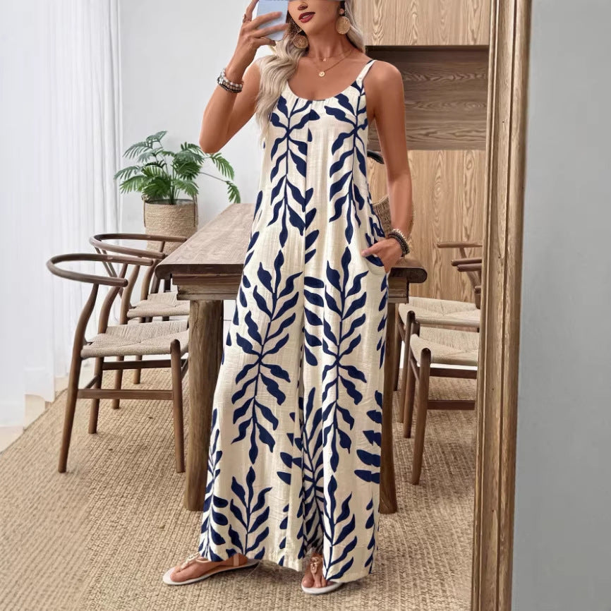 Chic Tropical Leaf V-Neck Jumpsuit with Pockets