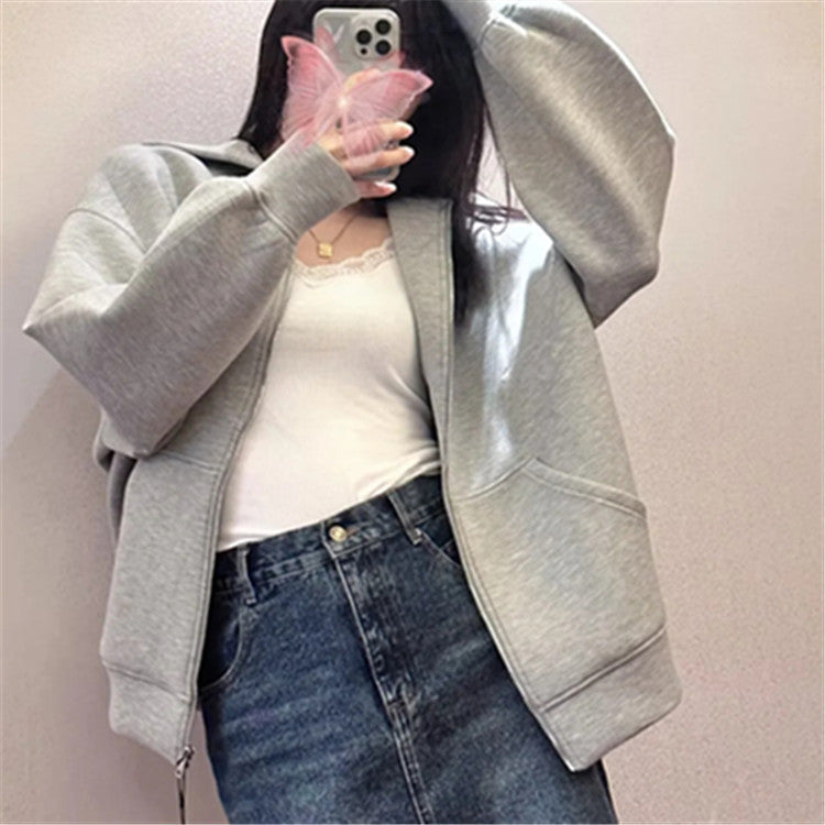 Women's Casual Gray Zip Cotton Sweatshirt