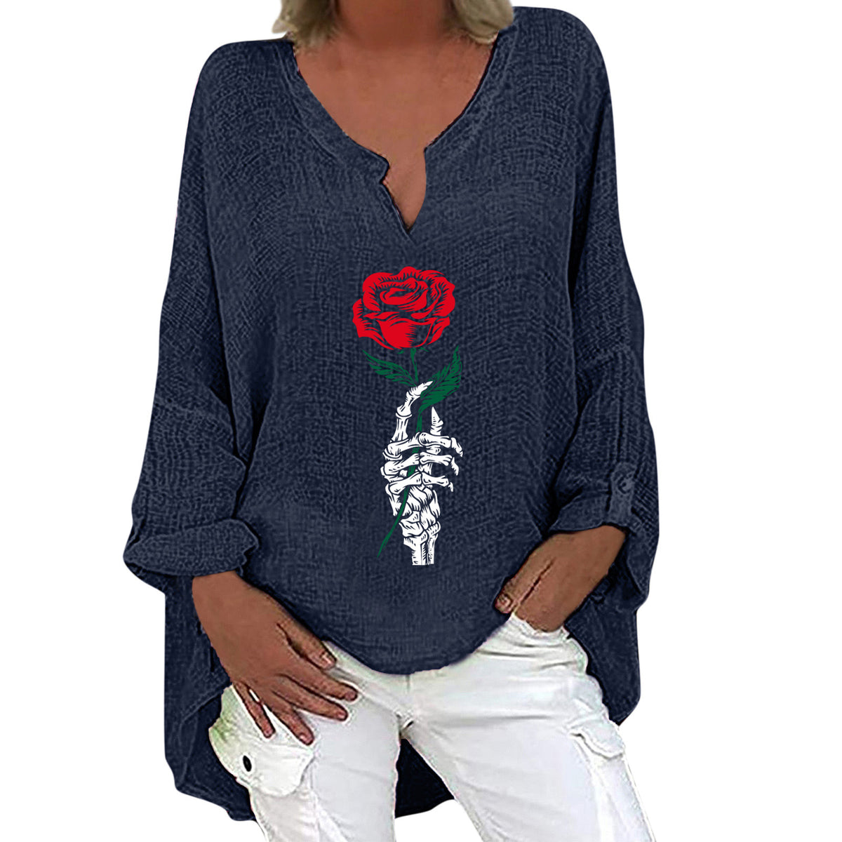 Halloween V-Neck Cotton Linen Long Sleeve Shirt