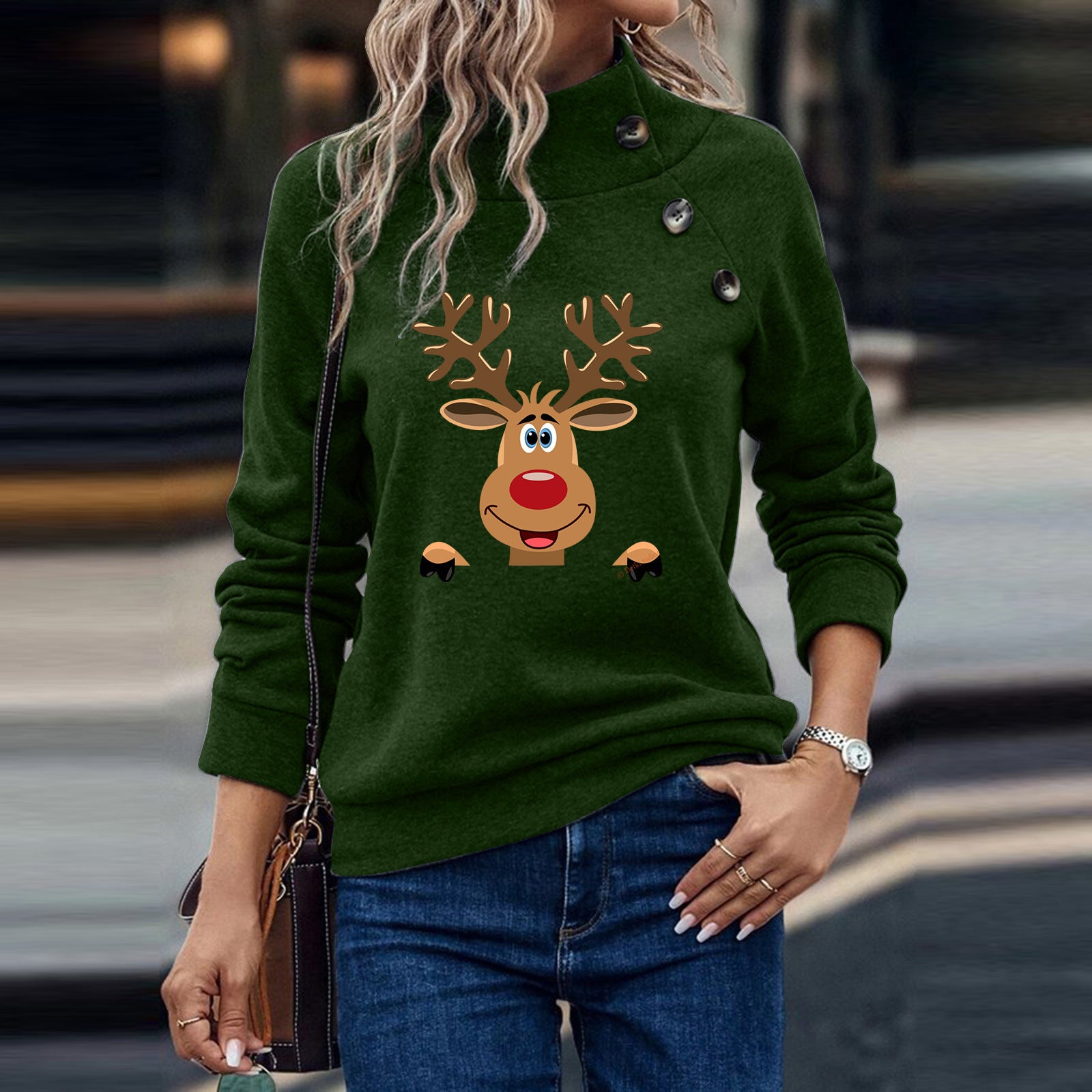 Deer Cartoon Turtleneck Buttons Loose Long Sleeve Sweatershirt Female