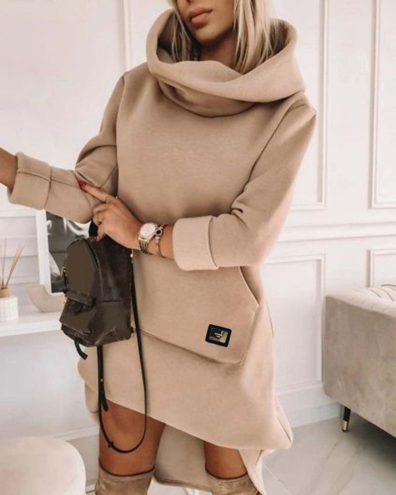Women's High-Neck Hooded Mid-Length Hoodie