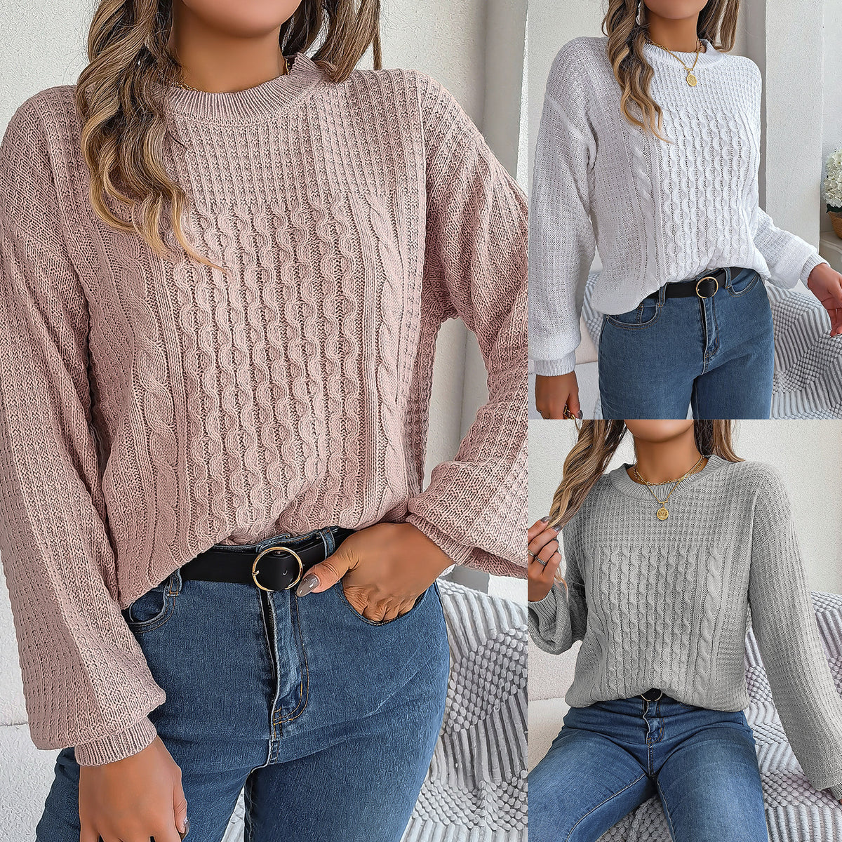 Women's Cable-knit Lantern-sleeve Pullover Sweater
