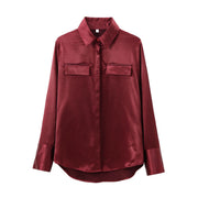 Womens Multi-Colored Shirt With Pocket Detail Lapel Collar And Silk-Satin Texture