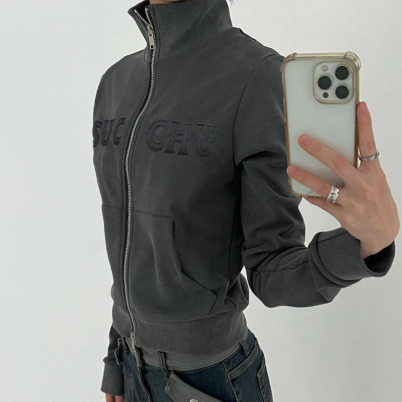 Embroidered Zip Knit Cardigan Casual Sweater