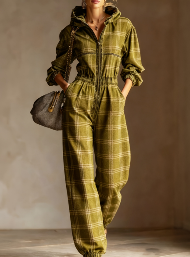 Vintage Plaid Hooded Waist-Cinching Casual Jumpsuit