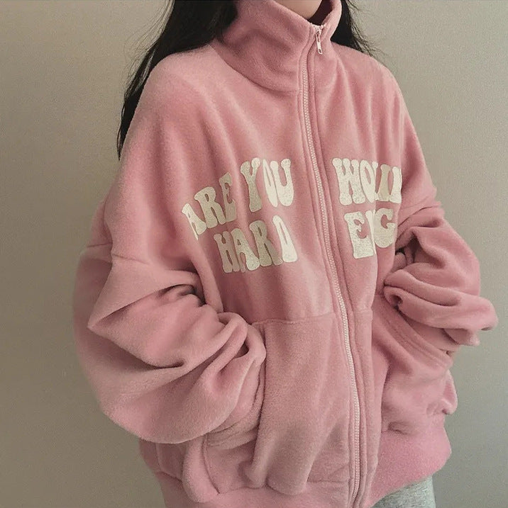 Women's Plus Velvet Alphabet Zip-Up Loose Cardigan Sweater