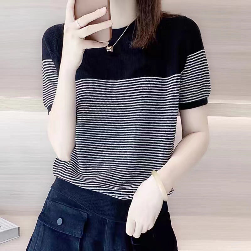 Round Neck Ice Silk Knitwear Thin Simple Pullover Short Sleeve