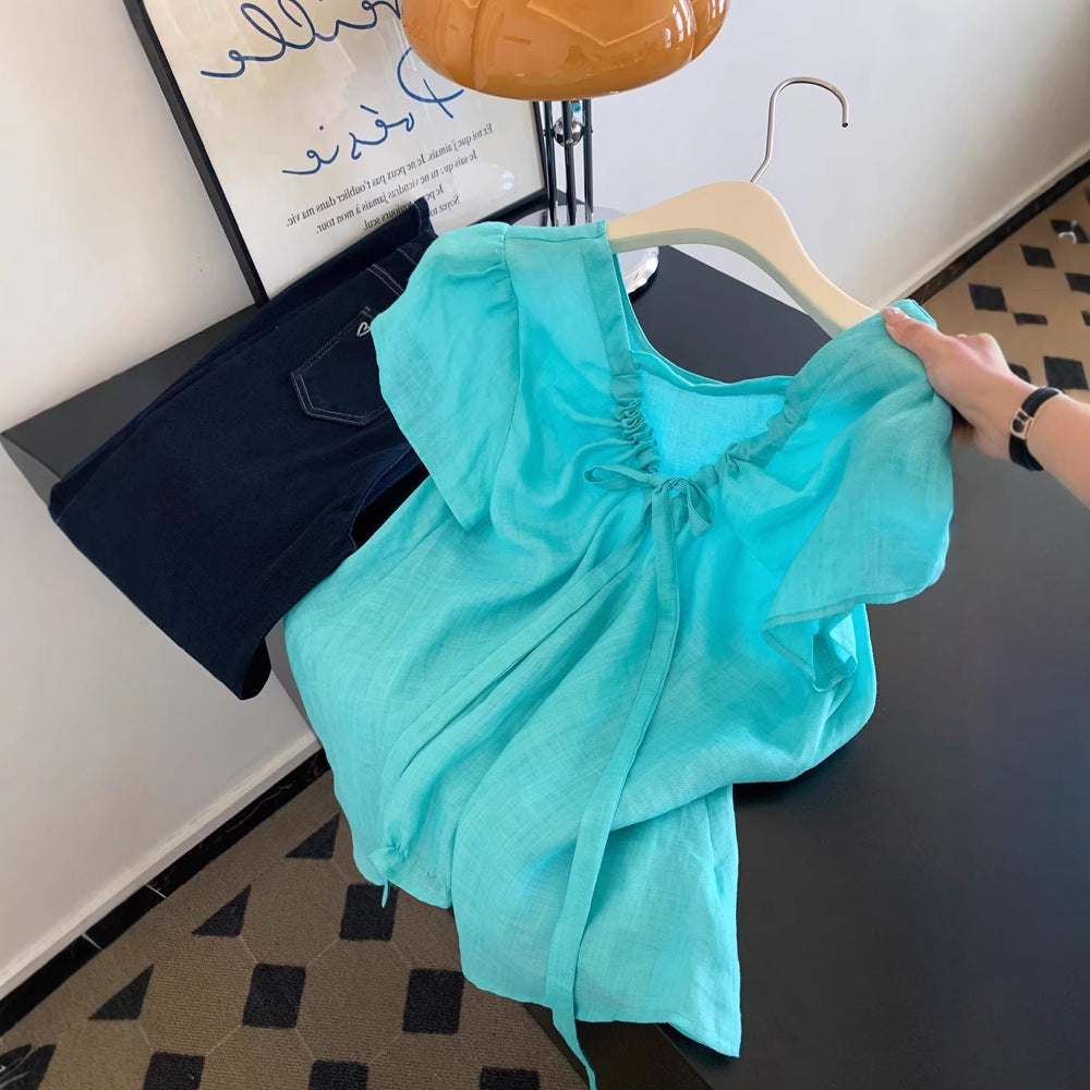 Lake Blue V-Neck Ramie Shirt – Light, Luxury V‑Shaped Short Sleeve