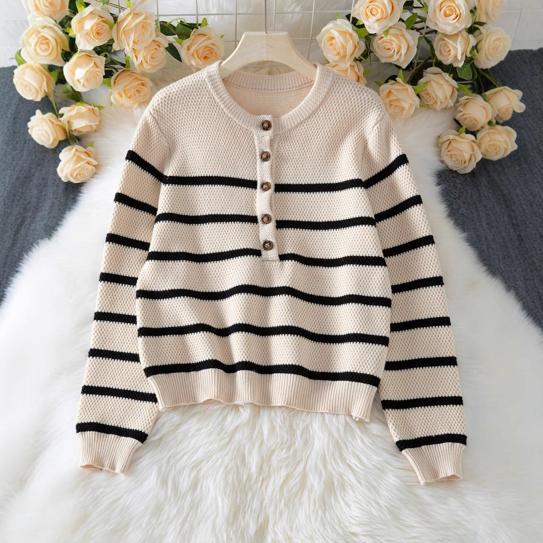 Striped Pullover Top Fashion Cardigan with Buttons Sweater Women