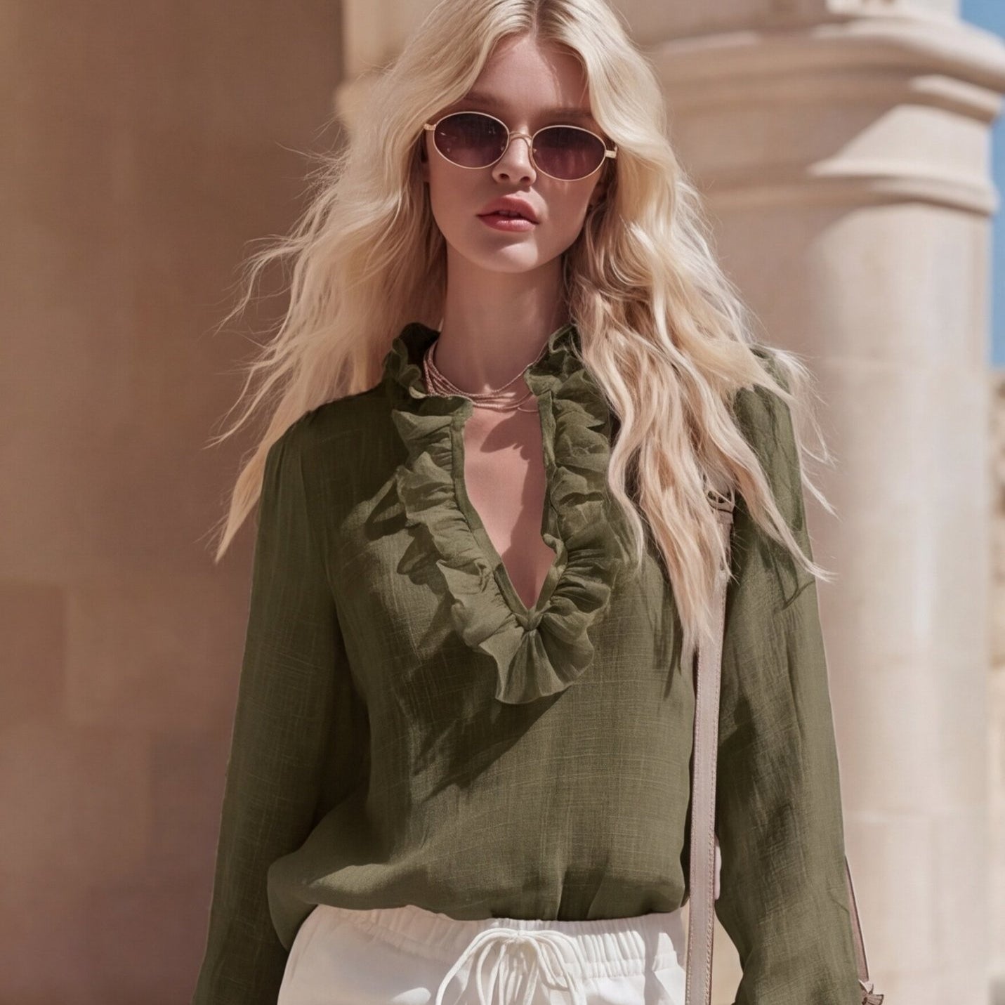 French Romantic Linen Ruffle-Trimmed V-Neck Shirt