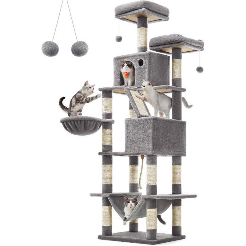 Feandrea Cat Tree, 66. 1-Inch Large Cat Tower With 13 Scratching Posts, 2 Perches, 2 Caves, Basket, Hammock, Pompoms, Multi-Level Plush Cat Condo For Indoor Cats, Tiny House Kits