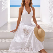 Solid-color Womens V-neck Long Dress