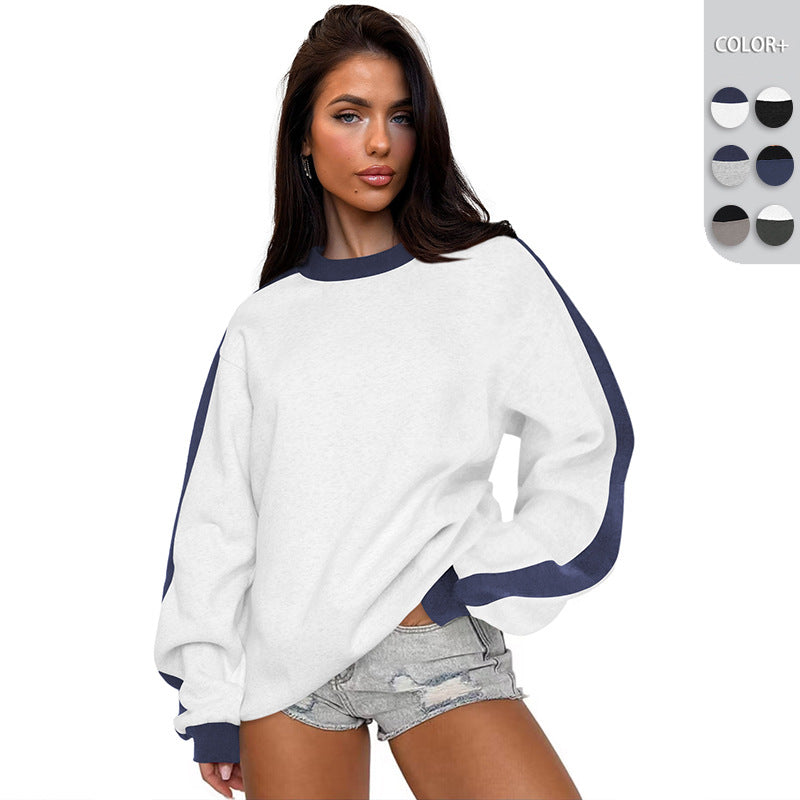 Women's Contrast Color Loose Round Neck Long-Sleeve Sweater
