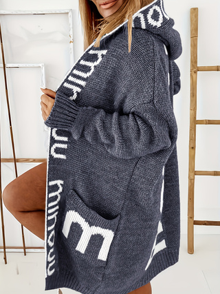 Women Loose Mid-length Hooded Knit Cardigan, Contrast Letter Jacquard Pockets Lazy Style Thick Sweater Coat for Fall Winter