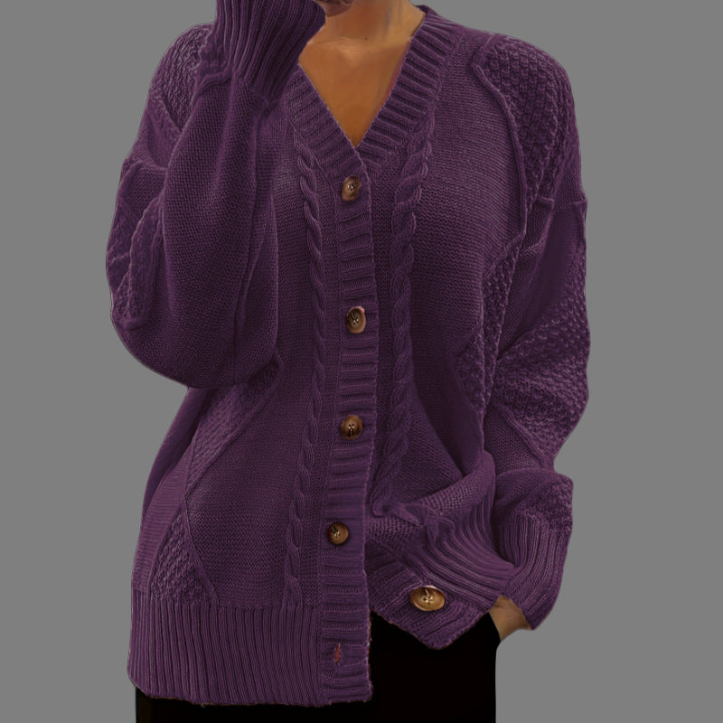 V-neck Knitted Cardigan Breasted Cable-knit Sweater Coat