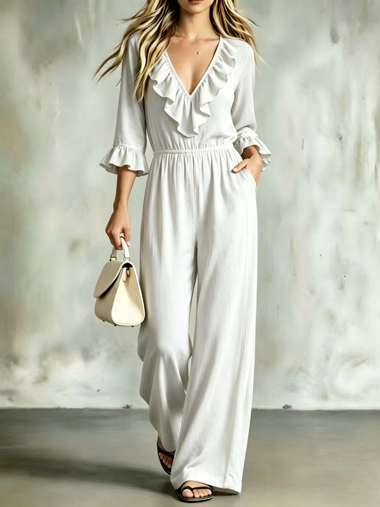 Women's Casual V-Neck Ruffled Flared-Sleeve Jumpsuit