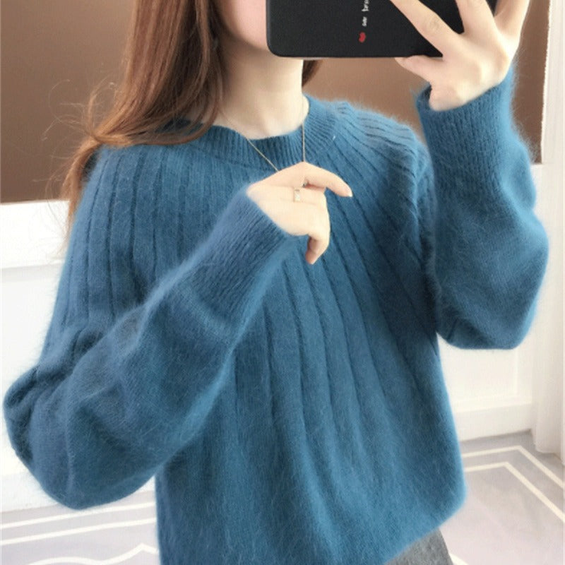 Womens Solid Color Short Pullover with Round Neck Loose Fitting Outerwear and Base Layer Knit Top