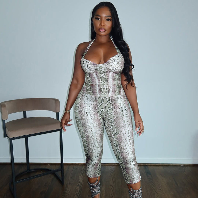 Women's Snake-Print Strappy Bodycon Jumpsuit