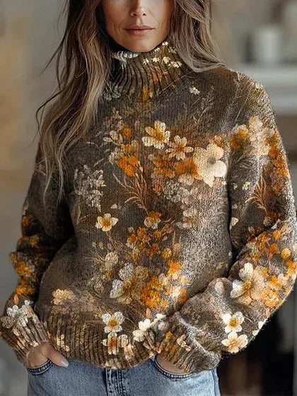 Womens Floral-print Turtleneck Sweater