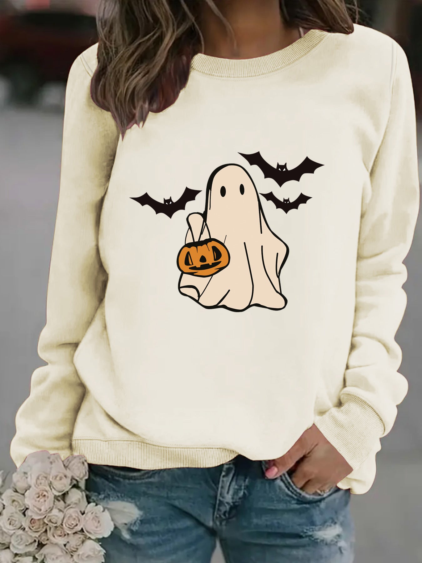 Spooky Cute Ghost Print Halloween Pullover Sweatshirt
