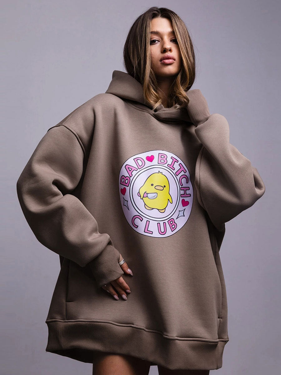 Cute Yellow Duck Print Oversized Cotton Hoodie