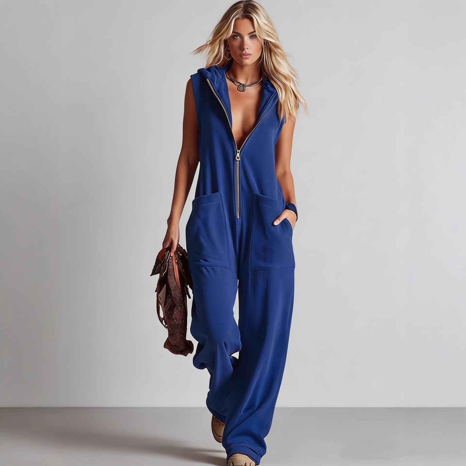 Women's Retro Hooded Zip-Up Casual Jumpsuit