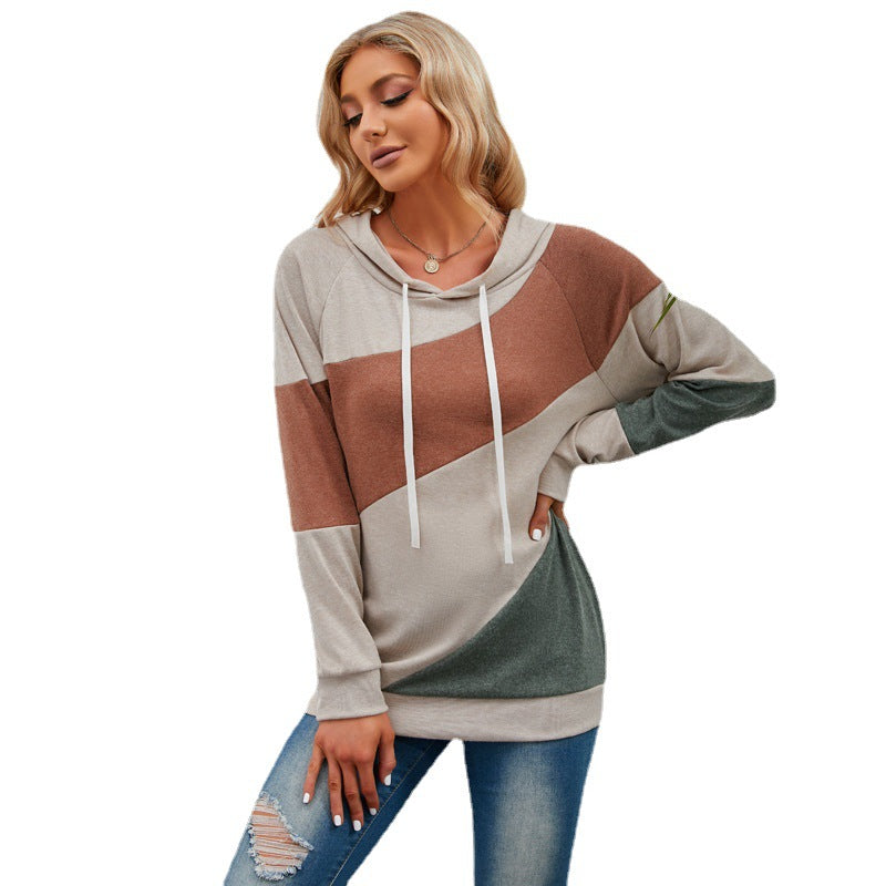 New Ins Personality Contrast Panel Loose Hooded Sweatshirt