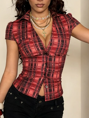 Women's Slim Fit Plaid Collared Shirt – Retro American Short Sleeve