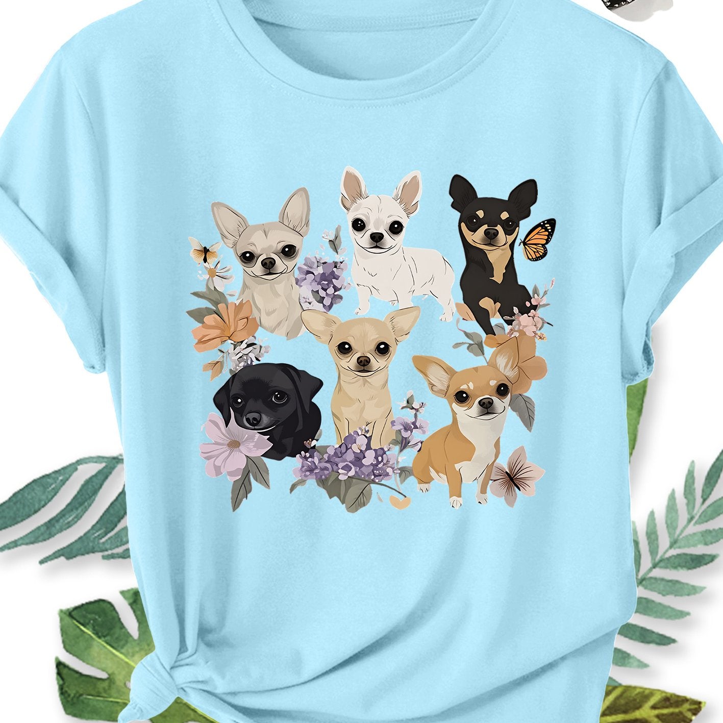 Ladies' Plus Size Short Sleeve T-Shirt with Chihuahua Dog Floral Print, Crew Neck