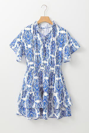 Ashleigh – Blaues Kleid mit Vintage-Blumendruck und weiten Rüschenärmeln