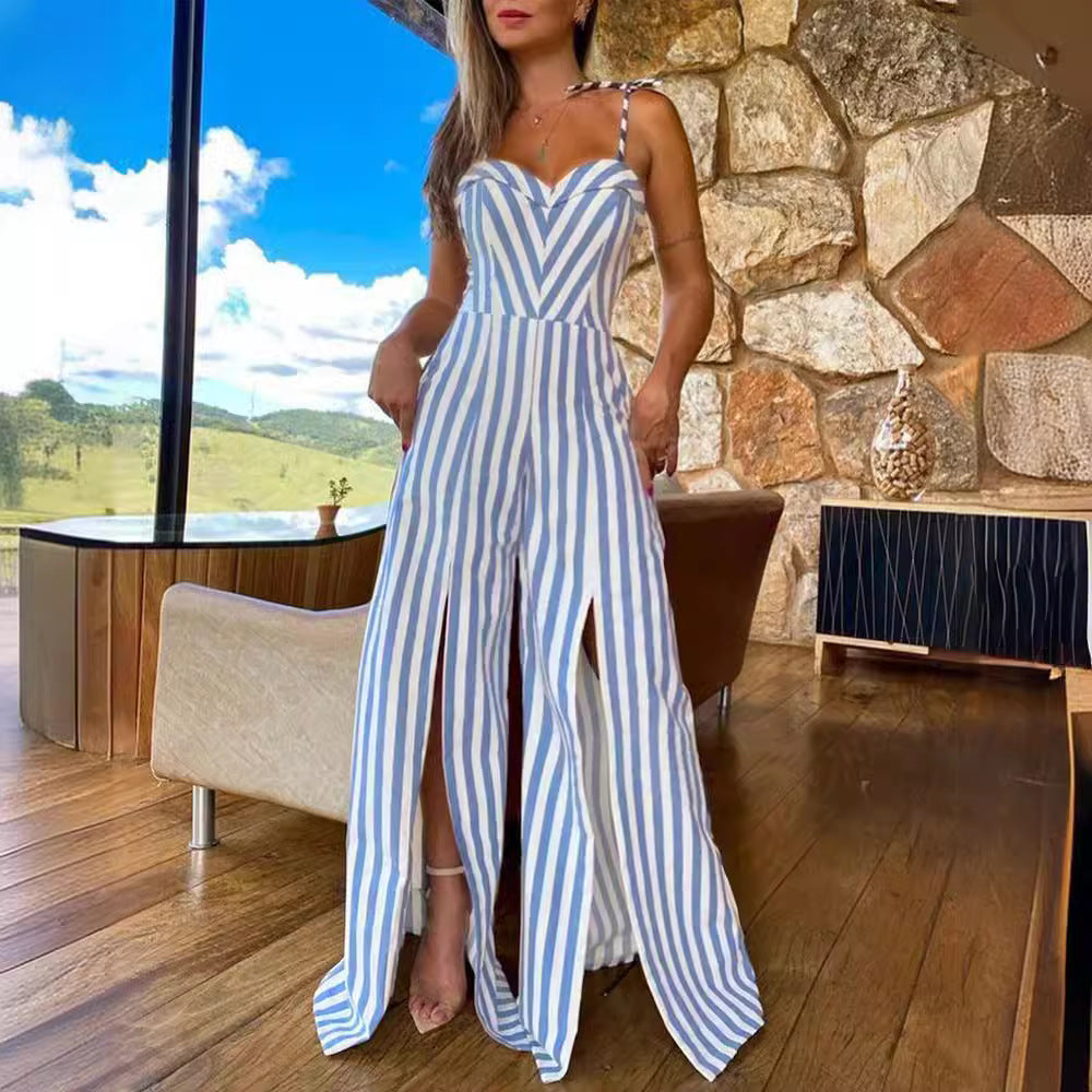 Women's Striped Lace-Up Slit Summer Jumpsuit