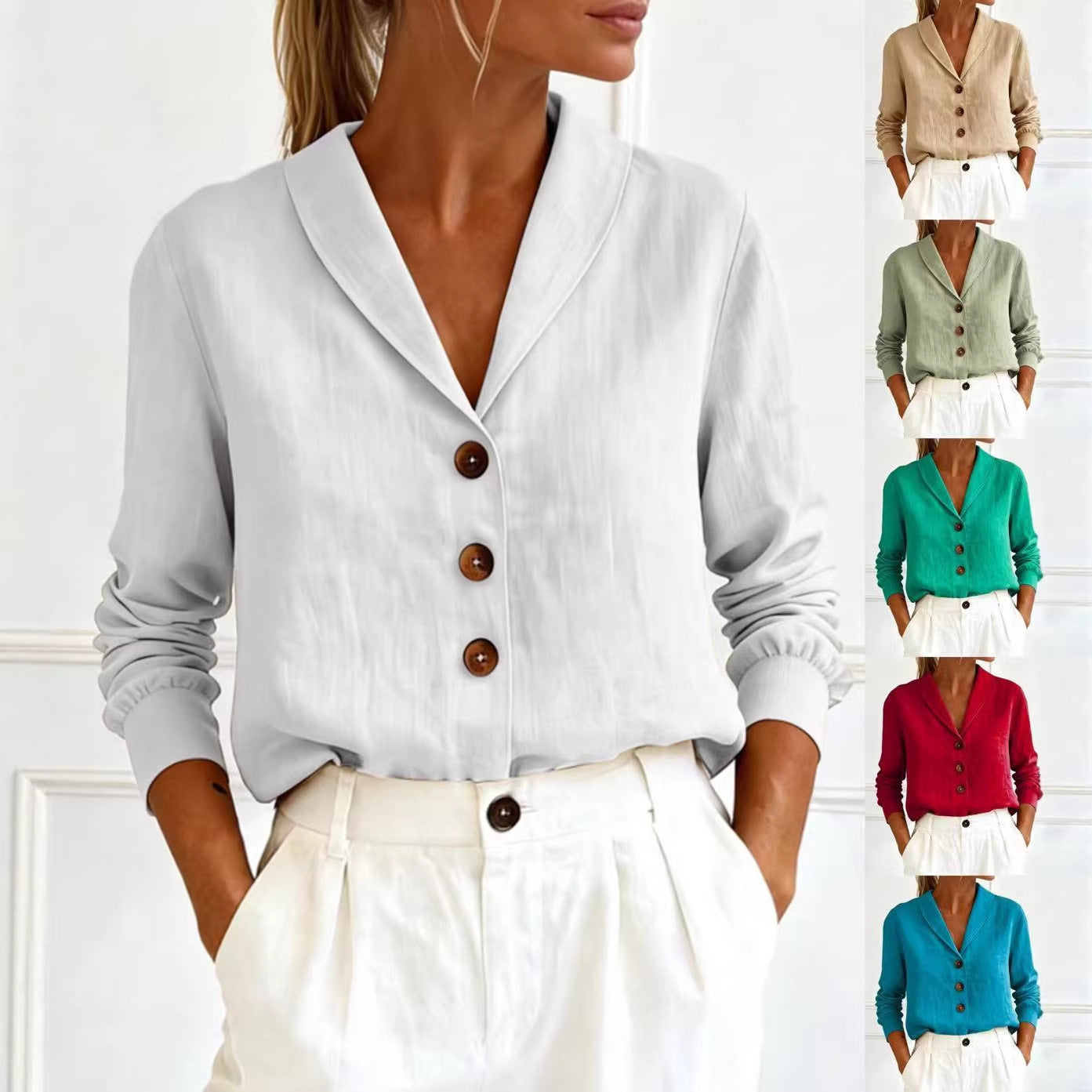 Elegant Cotton-Linen Button-Up Long Sleeve Peter Pan Collar Shirt