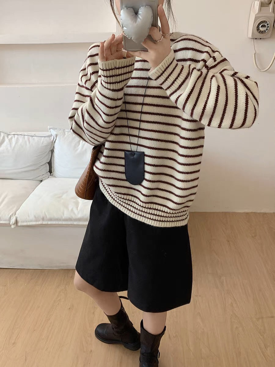 Korean-style Striped Knitted Casual Sweater Top for Women