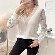 Lace‑Patchwork V‑Neck Long Sleeve Top – Casual Japanese/Korean Style