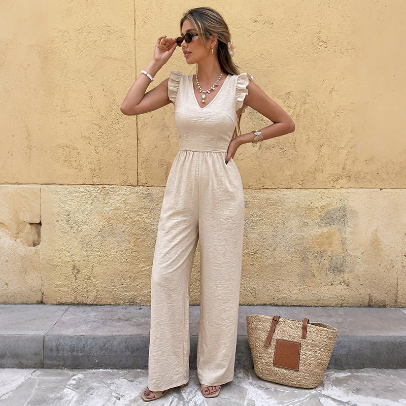 Flutter Sleeve V-Neck Wide Leg Bow Jumpsuit