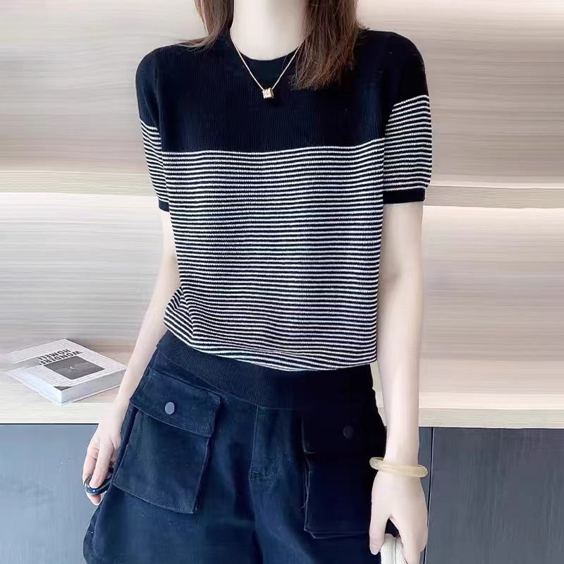 Round Neck Ice Silk Knitwear Thin Simple Pullover Short Sleeve