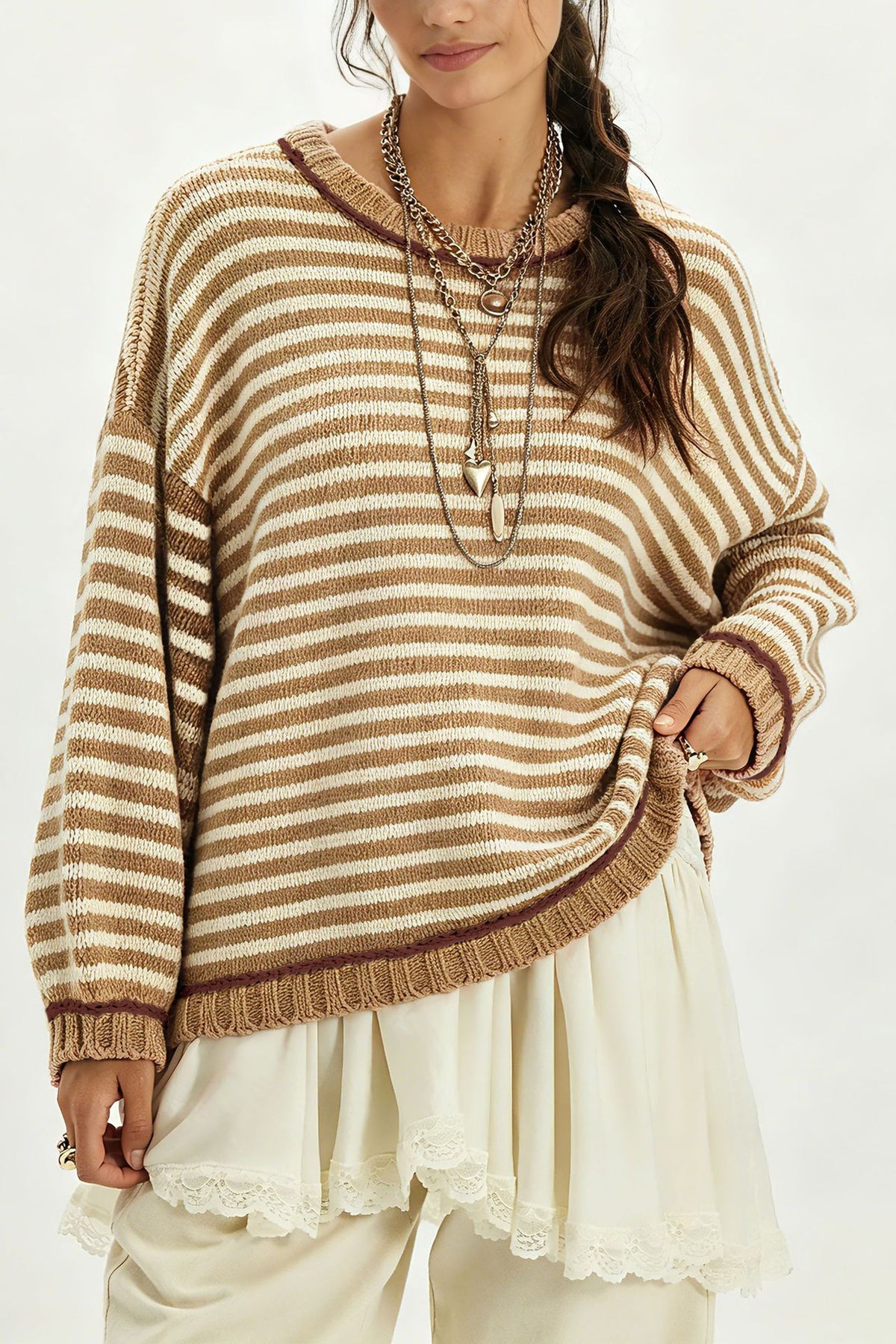 Casual Loose-fit Sweater with Color-block Striped Patchwork Womens Pullover Top